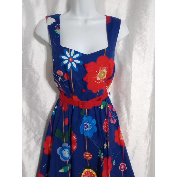 Designer limited edition retro MODCLOTH happy flower DRESS red blue